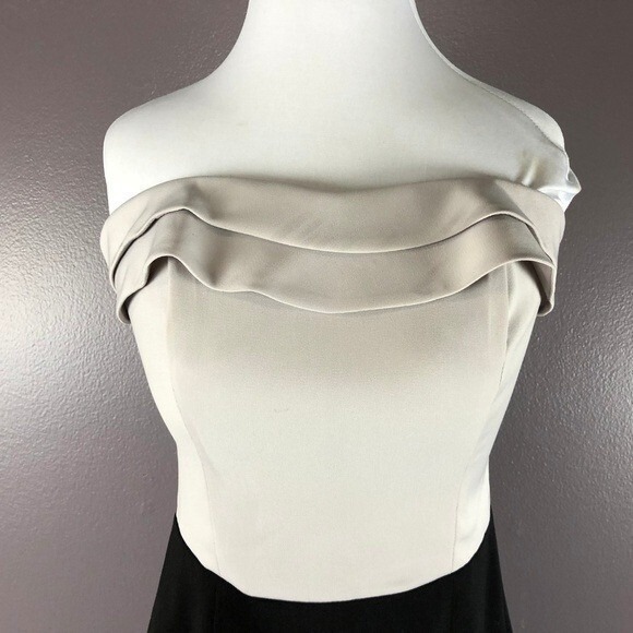 H&M Black Beige Sheath Pencil Dress Size 8 Strapless Ruffle Collar‎ Color Block - Picture 3 of 7